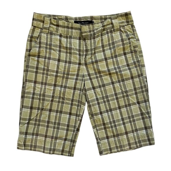 Calvin Klein Jeans Women's Shorts 8 Green Brown Flat Front Pockets Preppy Plaid - Picture 1 of 5